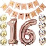 Person with sweet 16 decorations Australia Rose gold color, front view, showing “16” balloon and banner.
