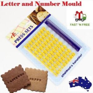 Person with cookie embosser Australia Multi-color design, front view, showing letter/number moulds.