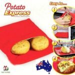 Person with microwave potato bag Australia Red color, front view, showing polyester design.