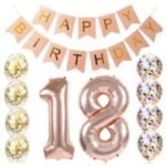 Person with 18th birthday decorations Australia Rose gold color, front view, showing “18” balloon.