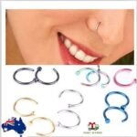 Person with titanium nose rings Australia Black color, front view, showing clip hoop.
