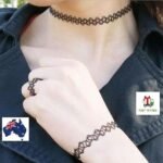 Person with retro choker set Australia Black color, front view, showing choker and bracelet.
