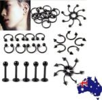 Black labret jewelry Australia Black color, front view, showing spike or ball design.