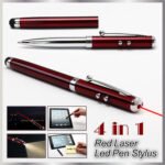 Stylus pen Australia Red color, front view, showing laser and stylus tip.