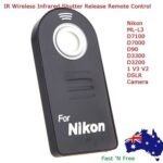 Nikon remote control Australia Black plastic, front view, showing IR button.