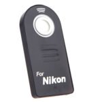 Nikon remote control Australia Black plastic, front view, showing IR button.