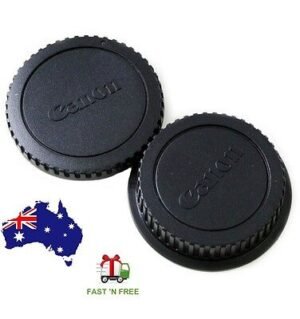 Canon lens cap set Australia Black cover, front view, showing rear lens cap.
