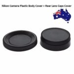 Nikon lens cap set Australia Black plastic, front view, showing body cap.