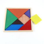 Wooden Tangram puzzle for kids Australia 7-piece colorful set, front view, showing shapes.