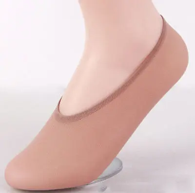 1-313-1.jpg Woman in anti-slip no-show socks Beige color, front view, showing invisible fit.