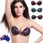Woman in lace adhesive bra Black color, front view, showing rose lace design.