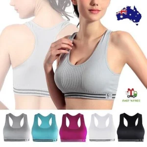 Woman in seamless racerback bra Purple color, front view, showing padded design.