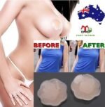Woman in reusable silicone nipple covers Nude color, front view, showing petal shape.