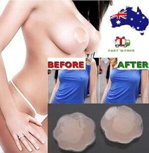 Woman in reusable silicone nipple covers Nude color, front view, showing petal shape.