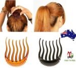 Woman using ponytail volume clip Black color, front view, showing hair comb design.