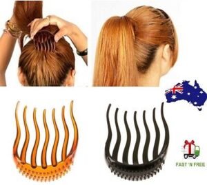 Woman using ponytail volume clip Black color, front view, showing hair comb design.