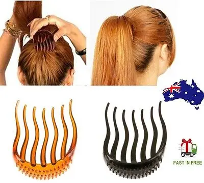1-393-1.jpg Woman using ponytail volume clip Black color, front view, showing hair comb design.
