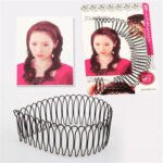 Woman using invisible bang clip Black color, front view, showing roll curve design.