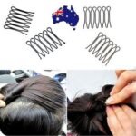 Woman using fashion bun styling clip Black color, front view, showing steel design.