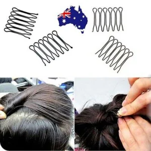 Woman using fashion bun styling clip Black color, front view, showing steel design.