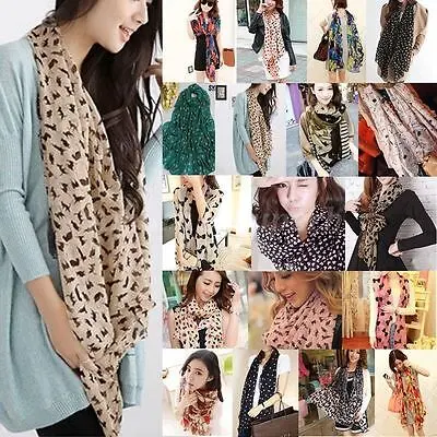 1-448.jpg Woman in vintage chiffon scarf women Floral color, front view, showing long wrap.