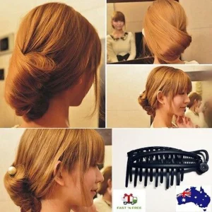 Woman using DIY volume boost hair clip Black color, front view, showing comb design.
