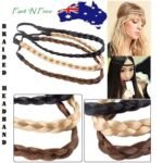 Woman in boho braided elastic headband Black color, front view, showing plaited design.