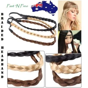 Woman in boho braided elastic headband Black color, front view, showing plaited design.