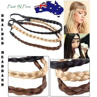 1-486.jpg Woman in boho braided elastic headband Black color, front view, showing plaited design.