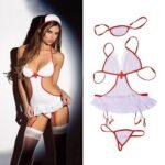 Woman in sexy nurse lingerie Australia Red and white color, front view, showing nurse uniform design.