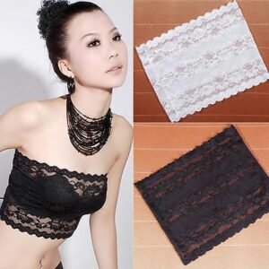 Woman in strapless lace bandeau Australia Black color, front view, showing lace design.