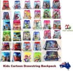 Child with cartoon drawstring backpack Australia Shown color, front view, showing cartoon print.