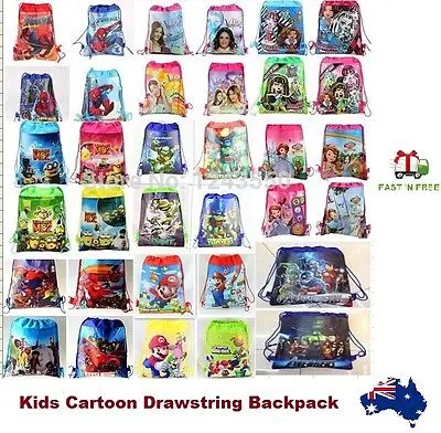 1-580.jpg Child with cartoon drawstring backpack Australia Shown color, front view, showing cartoon print.