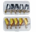 Person with reusable nail forms Australia Gold color, front view, showing 5-piece design.