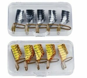 Person with reusable nail forms Australia Gold color, front view, showing 5-piece design.