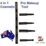 Person with makeup brush set Australia Black color, front view, showing 4-piece design.