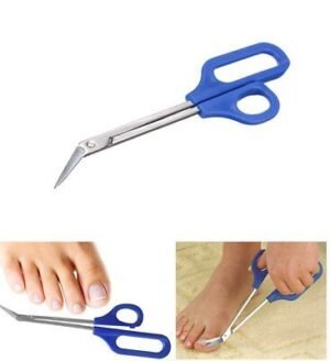 Person with long handle toenail scissors Australia Blue color, front view, showing 45° blade.