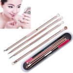 Person with blackhead removal needles Australia Copper color, front view, showing 4-piece design.