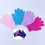 Person with exfoliating back scrubber Australia Shown color, front view, showing skid-resistant design.