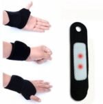 Person with tourmaline wrist brace Australia Shown color, front view, showing elastic strap.