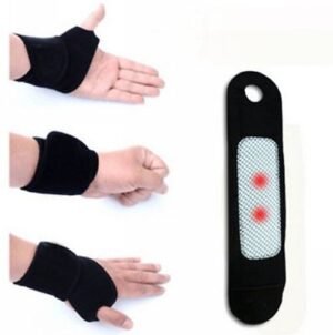 Person with tourmaline wrist brace Australia Shown color, front view, showing elastic strap.
