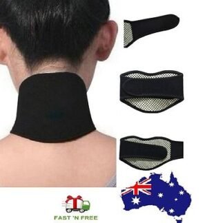 Person with magnetic neck massager Australia Black color, front view, showing tourmaline design.