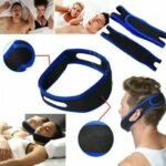 Person with anti-snore chin strap Australia Blue-black color, front view, showing adjustable design.