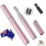 Person with portable eyebrow trimmer Australia Pink color, front view, showing blade design.