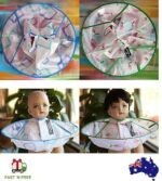 Person with kids haircut cape Australia Multicolor flower pattern, front view, showing waterproof cloth.
