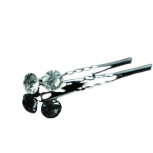Person with clear crystal hairpins Australia Clear color, front view, showing silver plating.