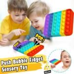 Kid with push bubble fidget toy Australia Multicolor design, front view, showing silicone bubbles.