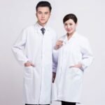 Person in unisex lab coat Australia White color, front view, showing lapel collar.