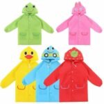 Child with kids cartoon raincoat Australia Green frog color, front view, showing cartoon design.
