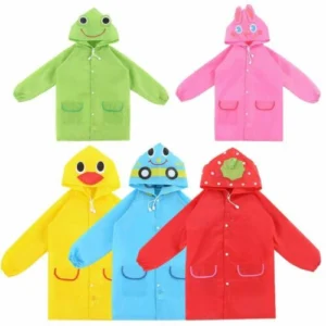 Child with kids cartoon raincoat Australia Green frog color, front view, showing cartoon design.